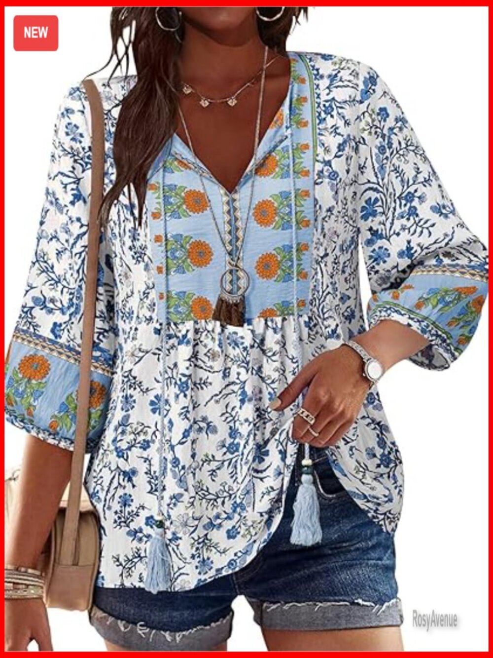 3/4 Sleeve Babydoll Tunic Top Boho Floral V Neck Tie Front Flowy Peplum Blouse